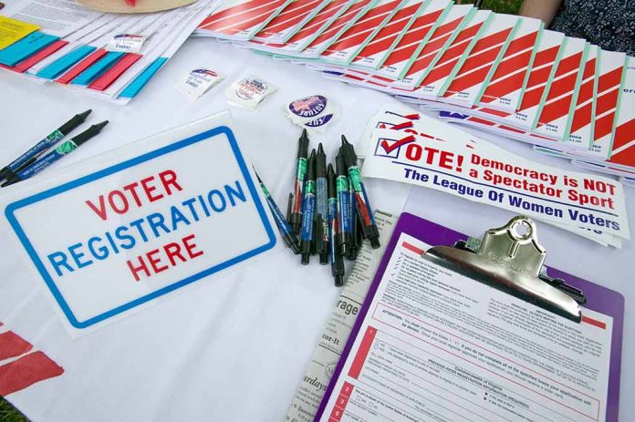 Voter registration table with forms, pens, and information.