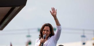 Person speaking with microphone, waving to outdoor crowd.