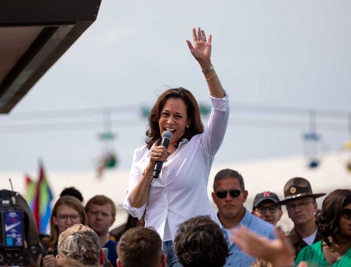 Person speaking with microphone, waving to outdoor crowd.