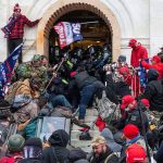 Crowd storming a building entrance with flags and signs.