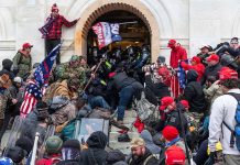 Crowd storming a building entrance with flags and signs.