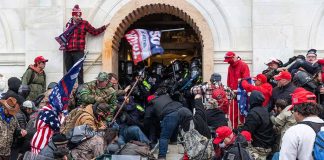 Crowd storming a building entrance with flags and signs.