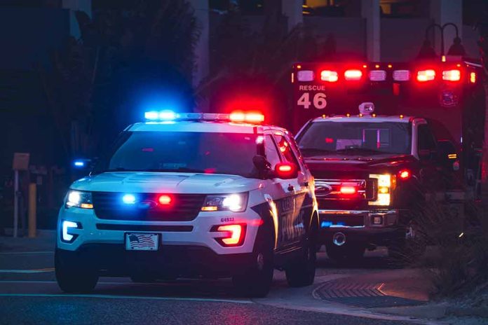 Police car and ambulance with flashing lights.