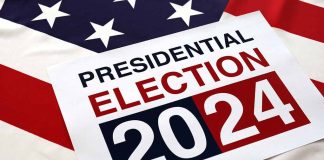 Presidential Election 2024 sign on American flag.