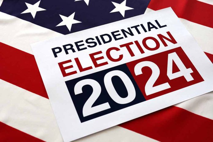 Presidential Election 2024 sign on American flag.