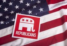 Republican symbol on American flag background.