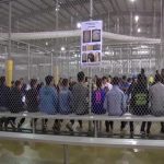 People sitting on benches inside a fenced facility.