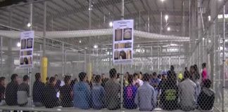 People sitting on benches inside a fenced facility.