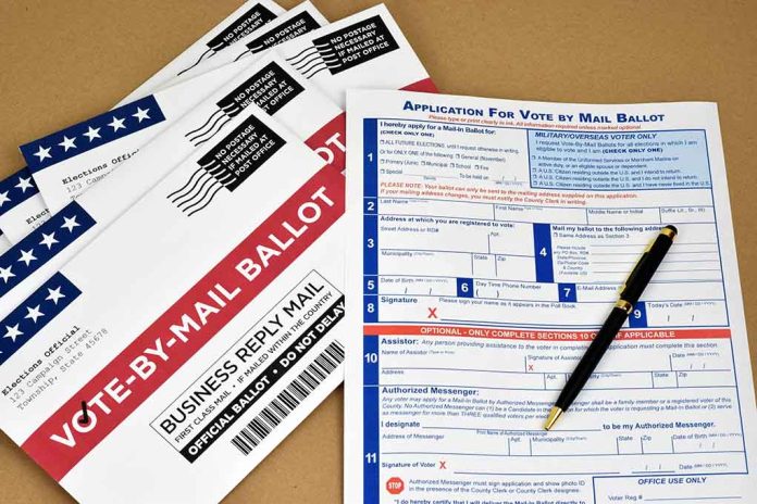 Vote-by-mail envelopes and application form with a pen.