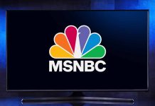 TV displaying MSNBC peacock logo on screen.