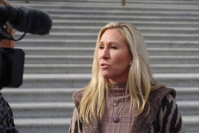 Woman speaking to a camera on building steps.