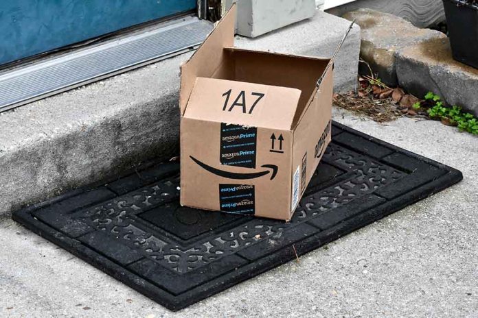 Open Amazon package on doorstep doormat.