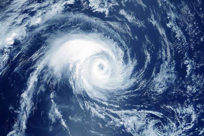 Satellite image of a swirling hurricane over ocean.