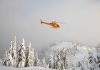 Yellow helicopter flying over snowy evergreen forest.