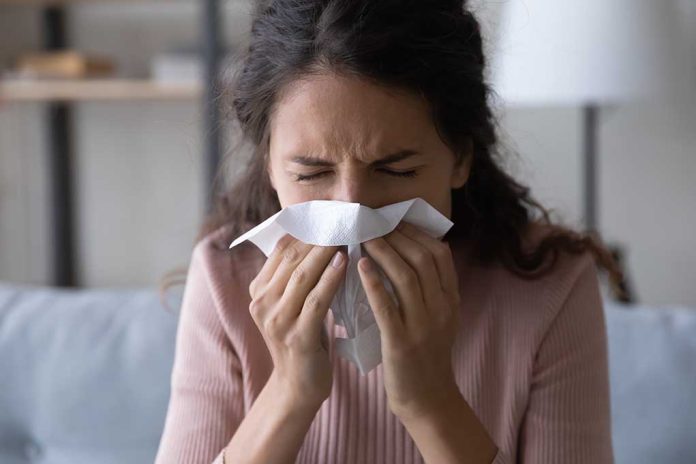 Woman sneezing into a tissue indoors.