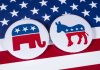 Republican and Democrat symbols on American flag.