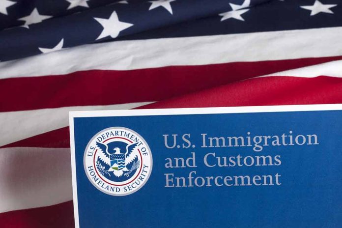 US flag with Immigration and Customs Enforcement sign