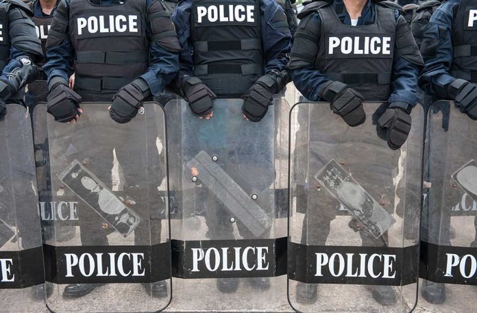 Police officers with riot gear and shields.