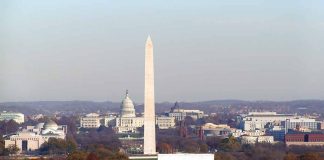 Washington D.C. monuments with autumn foliage.