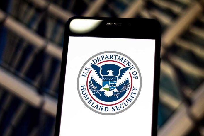 U.S. Department of Homeland Security logo on smartphone.