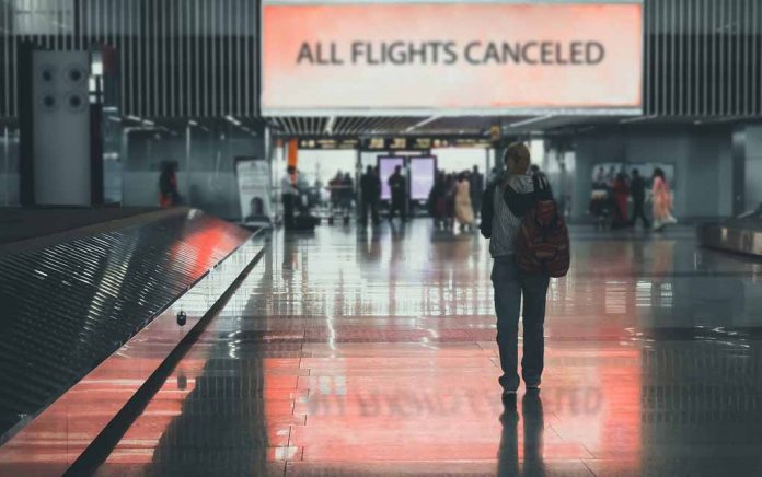 Airport sign: "All Flights Canceled", passengers walking.