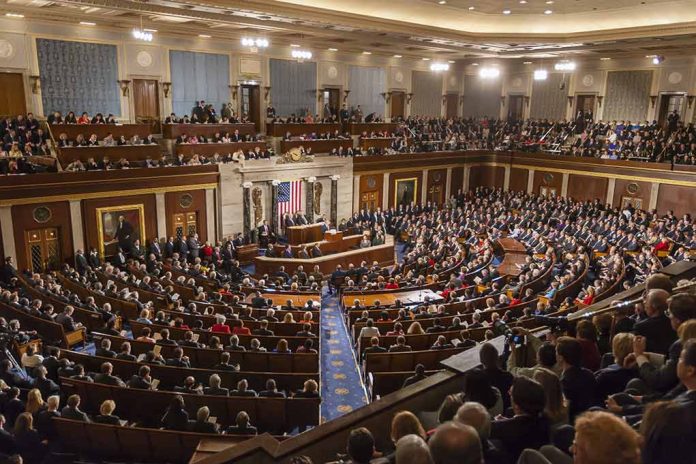 People seated in a large governmental assembly hall