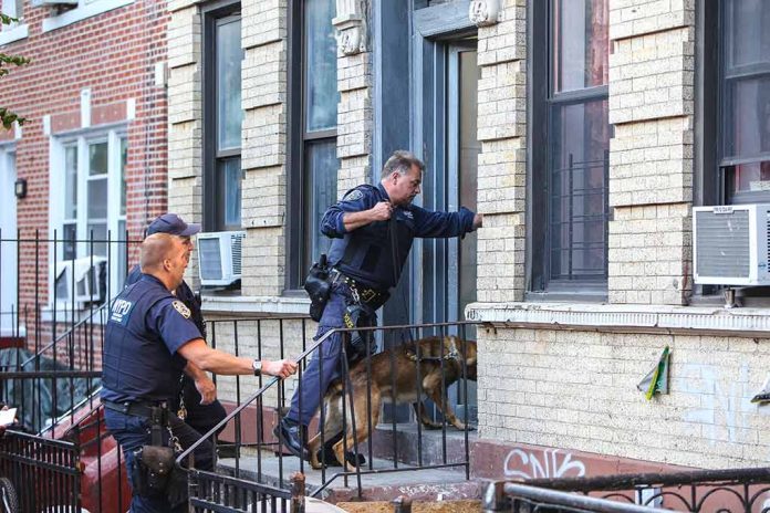 156304121 featured image Police officers with dog entering building doorway steps
