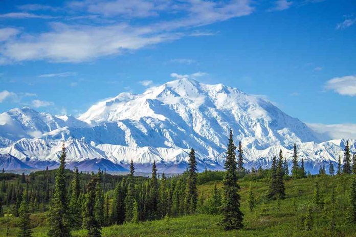 1068590996 featured image Snowcovered mountain under blue sky with green foreground