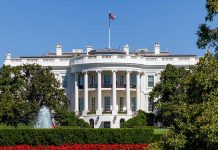 White House with fountain and flag visible