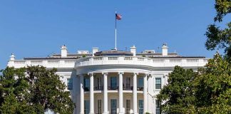 White House with fountain and flag visible