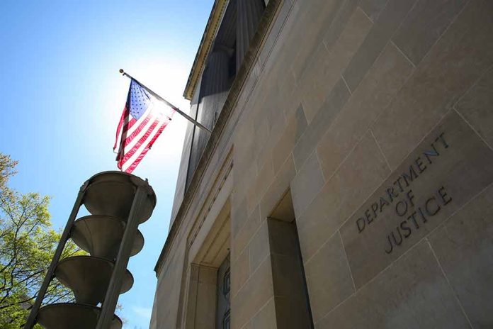 American flag at Department of Justice building exterior