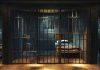 Empty prison cell with metal bars and bed
