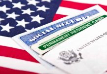 Social Security card and green card on flag