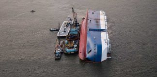 Capsized ship with cranes and tugboats around it