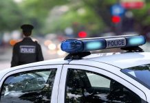 Police car and officer on a city street