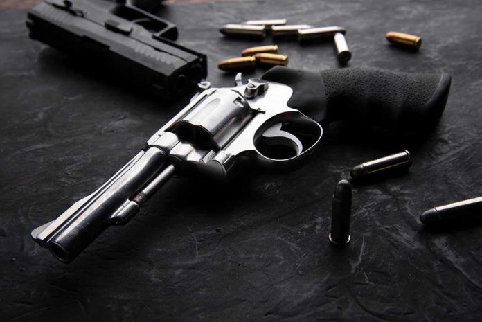 1938010207 Revolvers and bullets on a dark surface