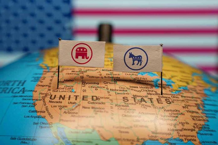 2428155117 Republican and Democratic flags on USA map background