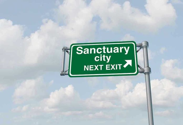1031290987 Green road sign saying sanctuary city next exit