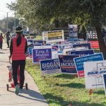 Person walking with stroller past numerous election campaign signs.