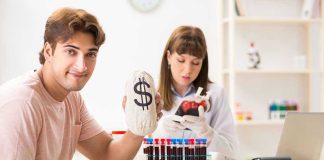 Man holding money bag, woman holding blood donation bag.