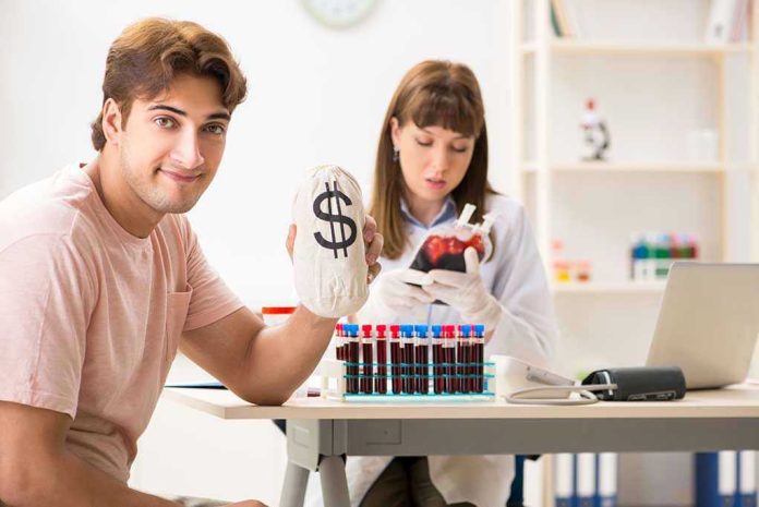 Man holding money bag, woman holding blood donation bag.