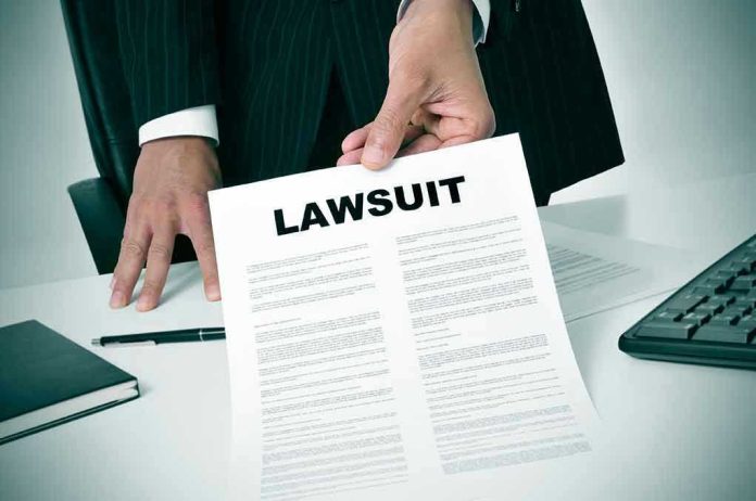 189871757 Person holding a document titled LAWSUIT in office.