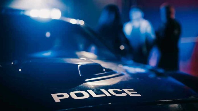 Police car with blurred figures in the background.