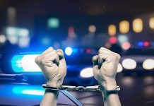 Handcuffed hands raised, police cars with lights on.