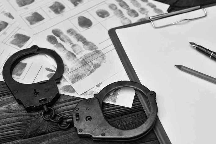 Handcuffs, fingerprint sheets, and clipboard on a desk.
