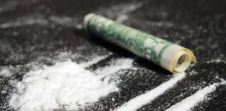 Powder lines, rolled dollar bill on black surface.