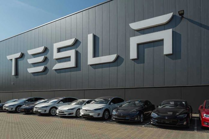 489388897 Tesla facility with parked cars in front.