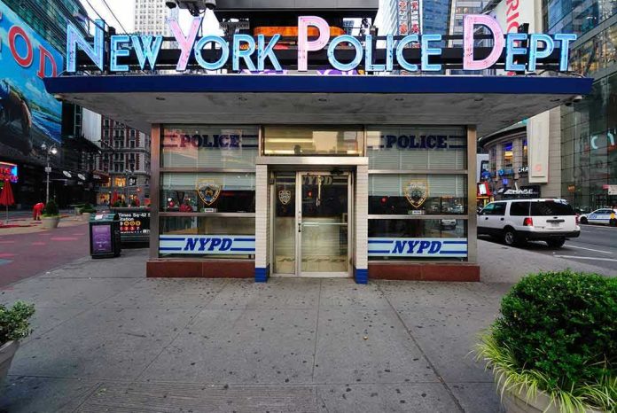 56798539 NYPD precinct building with signs on a city street