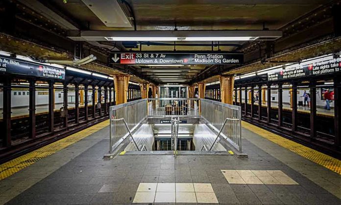 605058719 Subway station platform with directional signs overhead.