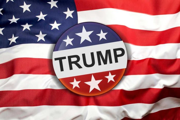 Button with Trump on American flag.